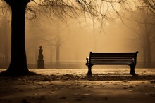 A Sadness In A Wooden Bench In An Empty Urban Park Surrounded By Fallen Leaves And Emptiness
