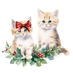 Wall Mural - Watercolor Christmas Kittens Spring Flowers Clipart