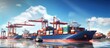 Modern seaport with ships carrying containers on a sunny day Copy space image Place for adding text or design
