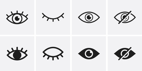 Wall Mural - Seen and unseen eye icon set. Hidden and view eye icon vector. Visible invisible icon symbol collection