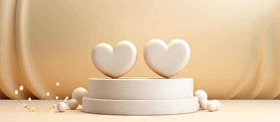 Poster - Cream white podium with heart shaped decorations and gold spheres Ideal for Valentine s Day weddings anniversaries or showcasing cosmetics A mock up pedestal or platform for beauty products Ill