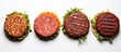 Assorted burgers some with meat and some plant based on white background from above Copy space image Place for adding text or design