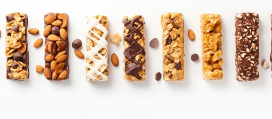 Poster - Granola bar used creatively in a flat lay on a white background conveying a food concept Copy space image Place for adding text or design