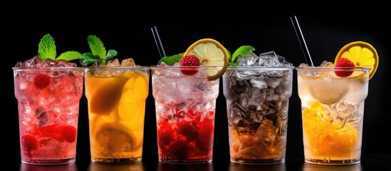 Fototapete - Closeup of fresh iced fruit drinks on black background Copy space image Place for adding text or design
