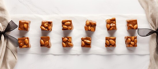 Fototapete - Handmade toffee caramel nut candy on crumpled paper Homemade food gifts for holidays Flat lay Copy space image Place for adding text or design