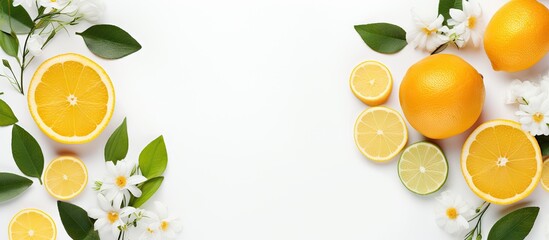 Fototapete - High quality photo of citrus fruits leaves and flowers arranged as a flat lay on a white background Copy space image Place for adding text or design