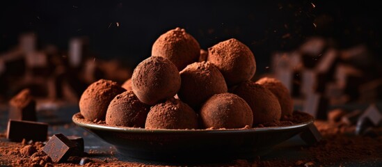 Poster - Homemade dark chocolate truffles with cocoa powder a gourmet and delicious dessert Copy space image Place for adding text or design