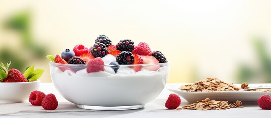 Fototapete - Healthy breakfast with yogurt granola and fruit berry salad Copy space image Place for adding text or design