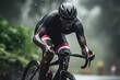 Focused african man athlete triathlon cycling in rain