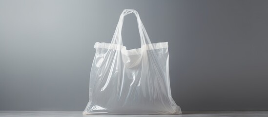 Poster - Clear plastic bag on gray background Pollution from garbage waste bags Copy space image Place for adding text or design
