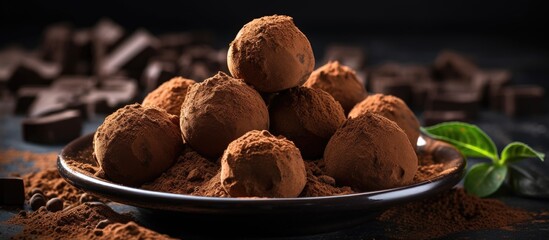 Poster - Homemade dark chocolate truffles with cocoa powder a gourmet and delicious dessert Copy space image Place for adding text or design