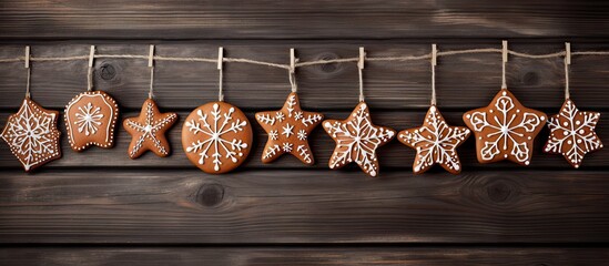 Aufkleber - Gingerbread cookies suspended on a wooden backdrop Copy space image Place for adding text or design