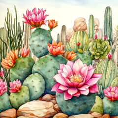 Wall Mural -  watercolor painting of cactus and succulent background