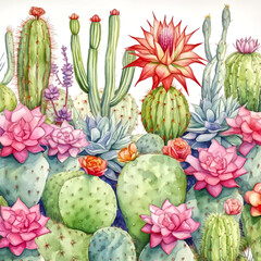 Wall Mural -  watercolor painting of cactus and succulent background