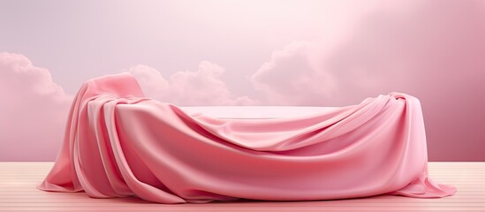 Poster - Feminine 3D stand with pink background silk curtain and wind Cosmetic product presentation banner Copy space image Place for adding text or design