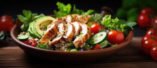 Fototapete - Nutrient rich salad featuring quinoa tomatoes chicken avocado lime greens and parsley on wooden background Nutritious superfood dish Copy space image Place for adding text or design