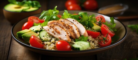 Fototapete - Nutrient rich salad featuring quinoa tomatoes chicken avocado lime greens and parsley on wooden background Nutritious superfood dish Copy space image Place for adding text or design