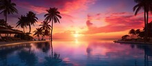 Luxurious Beachfront Resort With Palm Trees Infinity Pool And Serene Sunset Views On A Tropical Island Copy Space Image Place For Adding Text Or Design