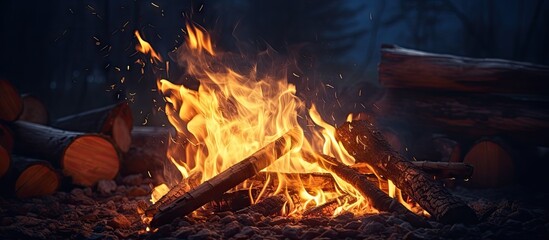 Aufkleber - Nighttime campfire at a scenic mountain campsite with flames sparks and barbecuing outdoors representing the powerful and energetic element of fire Copy space image Place for adding text or des