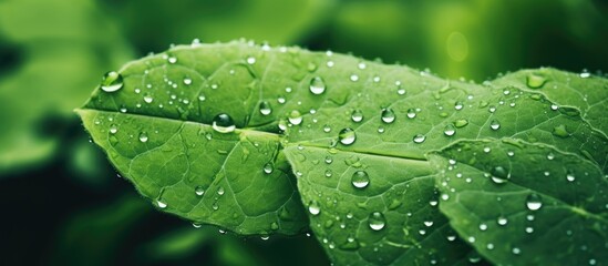 Aufkleber - Green leaf with water droplets symbolizes environmental care and sustainable resources creating a natural green texture background Copy space image Place for adding text or design