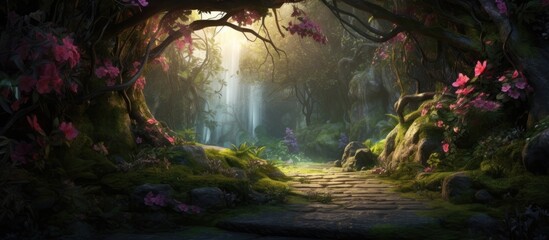 Wall Mural - enchanting fairy forest opening rendered in 3d with flowers copy space image place for adding text o