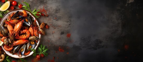 Poster - Mussels and shrimp on a background ready for text Copy space image Place for adding text or design