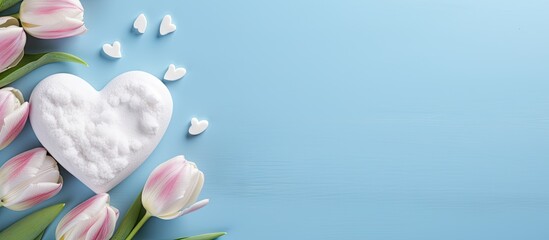 Aufkleber - Eco friendly beauty products spa accessories tulip flowers on blue background Zero waste self care heart shaped gift box for Moms day birthday Copy space image Place for adding text or design