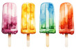 Colorful Ice Cream On Sticks, Watercolor, Transparent White Background, Png.