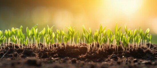 Fototapete - Growing in field green wheat sprouts Field with rye sprouting at sunset Copy space image Place for adding text or design
