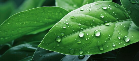 Wall Mural - Green leaf with water droplets symbolizes environmental care and sustainable resources creating a natural green texture background Copy space image Place for adding text or design