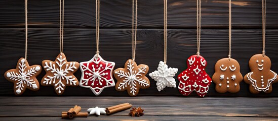 Aufkleber - Gingerbread cookies suspended on a wooden backdrop Copy space image Place for adding text or design