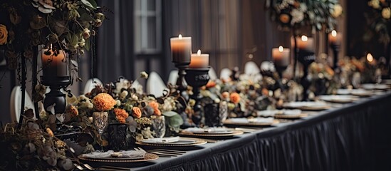 Wall Mural - Luxurious wedding reception with trendy black decor including flowers candles and table setup in a restaurant hall Suitable for birthday parties baptisms and other events Copy space image Place