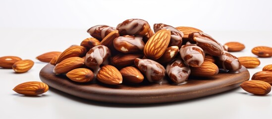 Poster - Handcrafted sweet treats with toffee caramel chocolate almonds and salt on a white table Perfect gifts for any occasion Copy space image Place for adding text or design