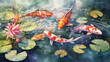 watercolor painting of lotus pond with carp background