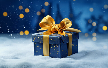 Blue gift box with golden bow on white snow. Christmas background.