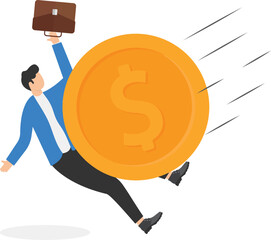 Wall Mural - Businessman has been crushed by a huge coin with the Dollar symbol, an economic crisis concept.

