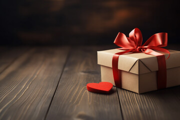 Gift box with red ribbon and heart on wooden background. Valentine's day concept.