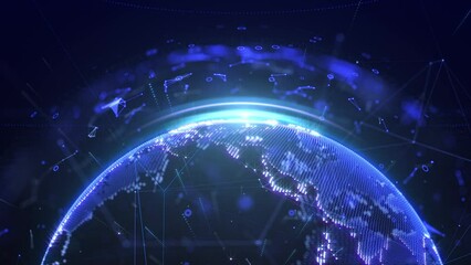 Fototapete - Technology futuristic of digital earth with lens flare rotating at blue bottom scene background. Data communication network connection coverage on globe planet 4K motion background.
