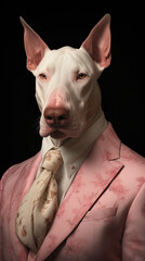 Wall Mural - Bull Terrier dog dressed in an elegant pink suit, standing as a confident leader and a powerful businessman. Fashion portrait of an anthropomorphic animal posing with a charismatic human attitude