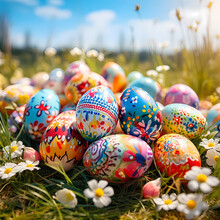 Easter: Easter Eggs On A Meadow, Decorated Easter Eggs