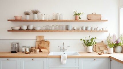 Nice tidy kitchen with a wooden kitchen counter and white walls