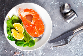 Wall Mural - raw salmon steaks and different spices, diet food