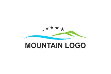 Wall Mural - Minimalist mountain hill logo with stars element, nature outdoor icon symbol.