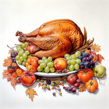 Colored Pencil Sketched, Oil Painting, Thanksgiving, Clipart On A White Background Created With Generative Ai