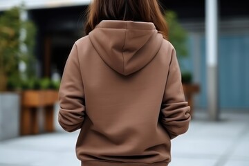 Wall Mural - Woman In Brown Hoodie On White Background, Back View, Mockup