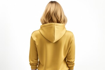 Wall Mural - Woman In Gold Hoodie On White Background, Back View, Mockup