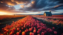 Dutch Windmill Over Tulips Field