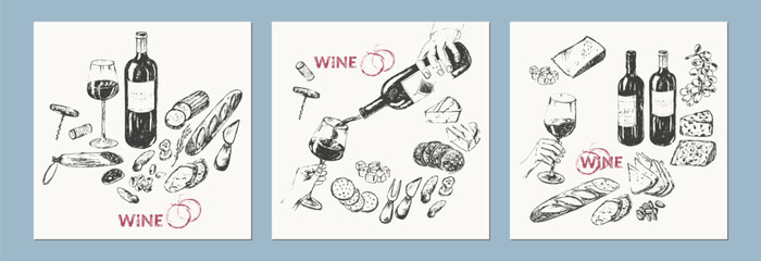 Wall Mural - Hand drawn wine illustration set.