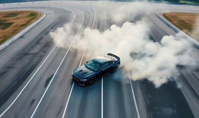 Precision Drift, Aerial View of Professional Driver Executing a Perfect Drift on Asphalt Track.