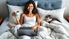 woman enjoys morning with cat and coffee, laptop ready for work